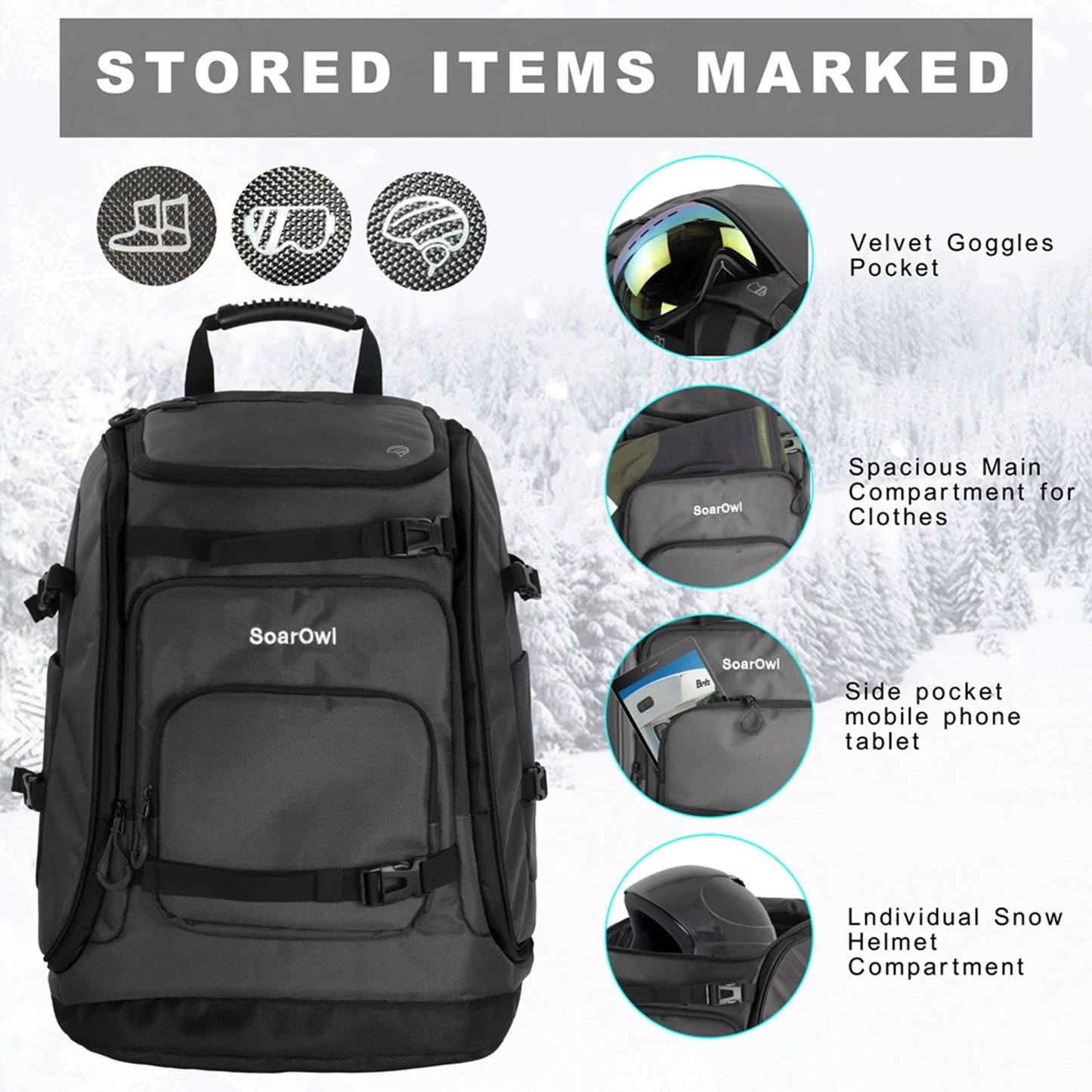 SoarOwl Ski Boot Bag 65L Ski Boot Travel Backpack for Ski Helmet Goggles Gloves Skis Snowboard & Accessories