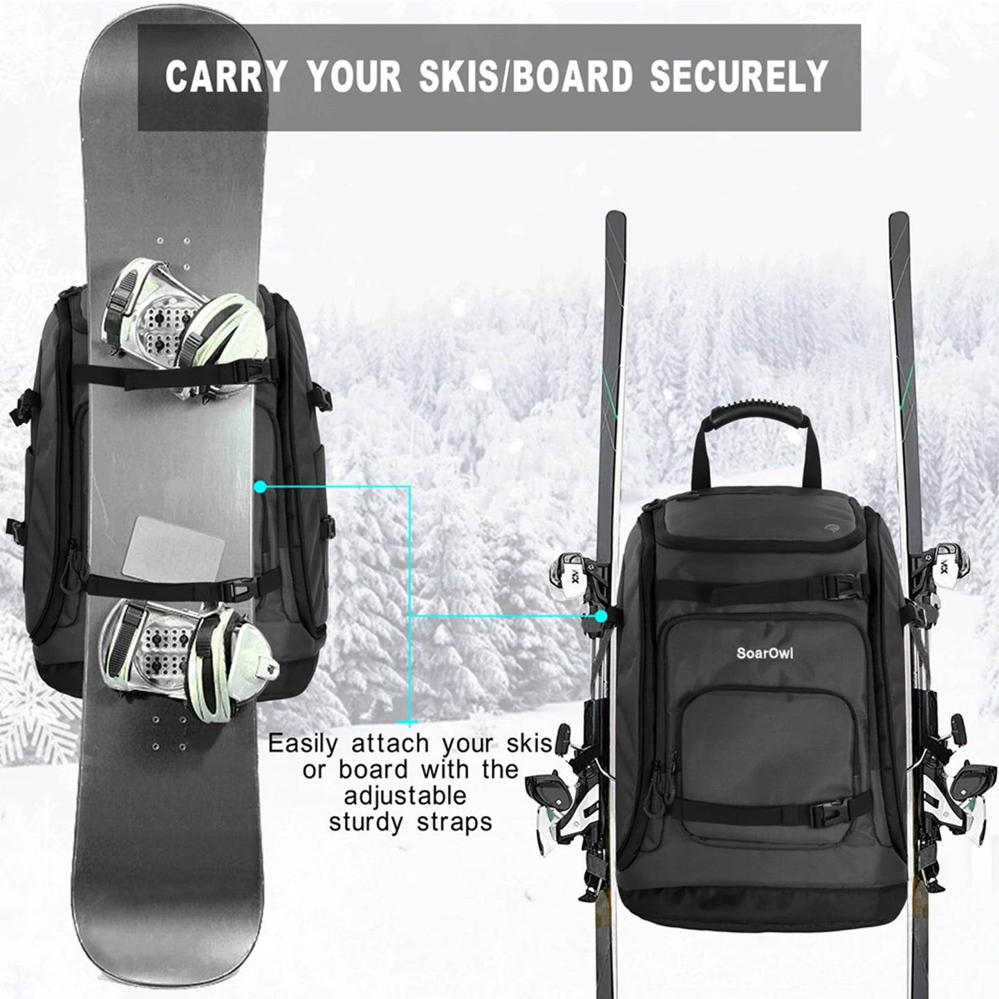 SoarOwl Ski Boot Bag 65L Ski Boot Travel Backpack for Ski Helmet Goggles Gloves Skis Snowboard & Accessories
