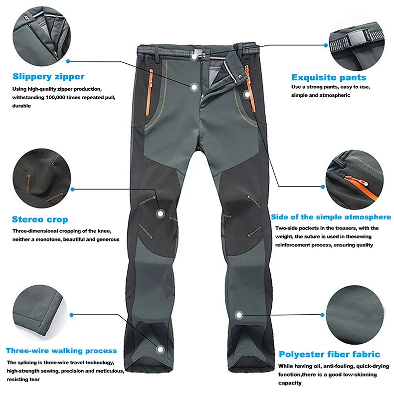 Men's Winter Pants - Thick Fleece, Waterproof & Windproof for Skiing, Trekking, and Camping