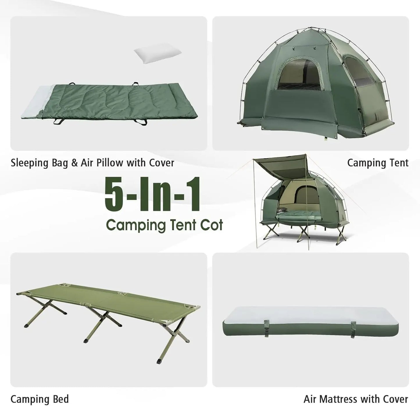 Sleeping Bag, Air Pillow, Camping Cot, Elevated Single Cot Tent with Carrying Bag for Outdoor Hiking, Picnic, Travel