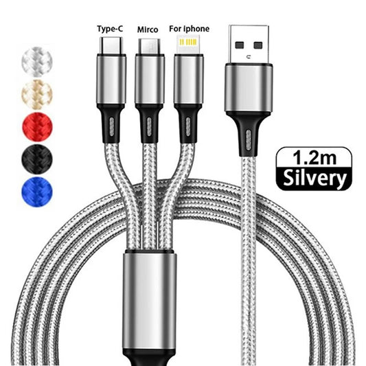 Multifunctional 3-in-1 fast charging cable compatible with iPhone, Xiaomi, Poco, Micro USB, and Type C devices.Fast Charging Cable Cord