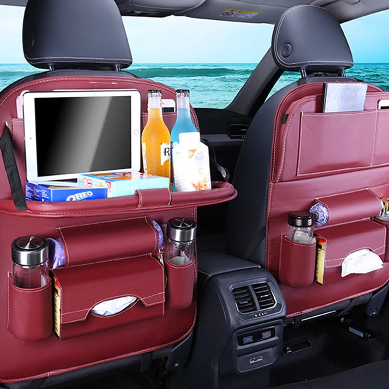 Leather Car Seat Organizer with Foldable Tray