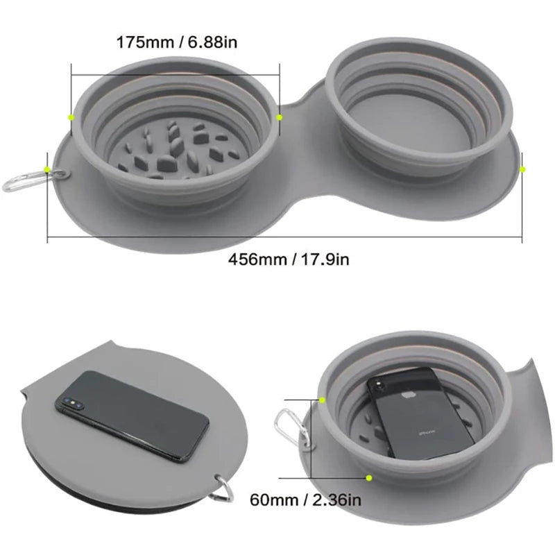 Portable Double Bowl for Dogs/Cats - Non-Slip Silicone