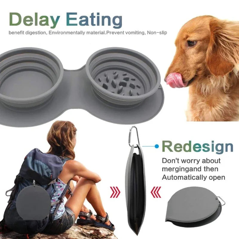 Portable Double Bowl for Dogs/Cats - Non-Slip Silicone