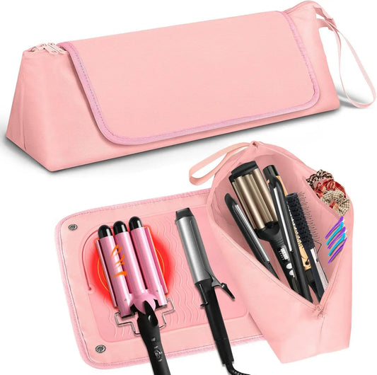 Hair Tools Travel Bag & Heat Resistant Mat - Organizer for Curling Iron, Straightener, and Dryer