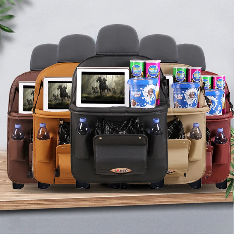 Leather Car Seat Organizer with Foldable Tray