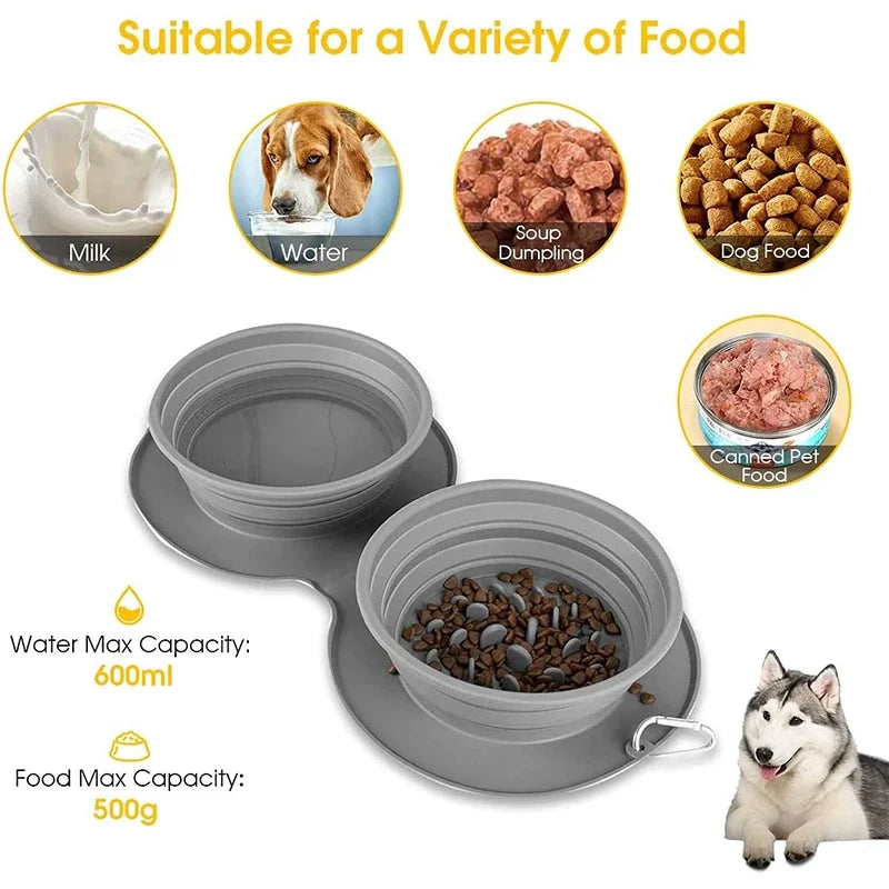 Portable Double Bowl for Dogs/Cats - Non-Slip Silicone