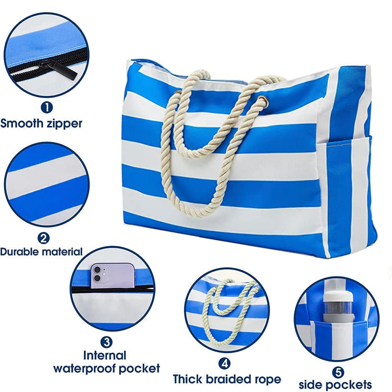 Large Waterproof Beach Tote Bag with Zipper - Sandproof