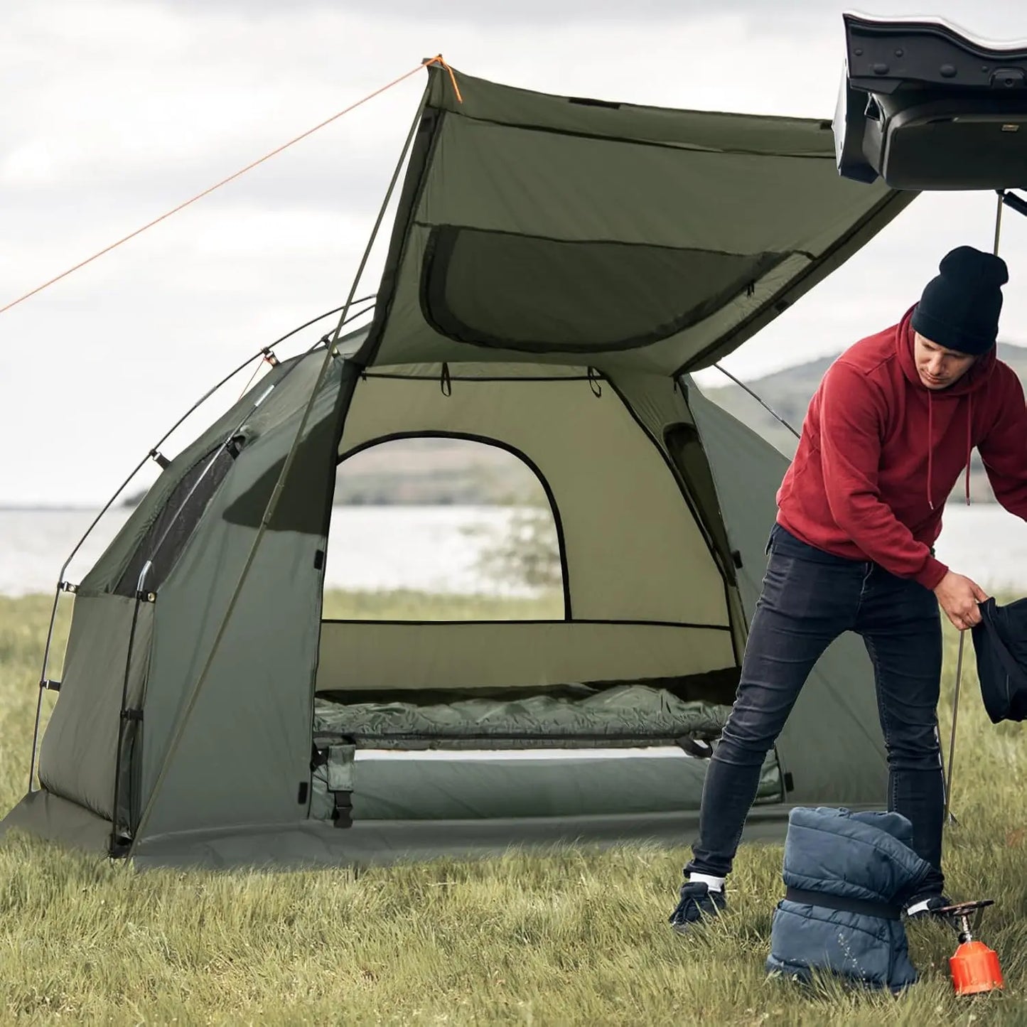 Sleeping Bag, Air Pillow, Camping Cot, Elevated Single Cot Tent with Carrying Bag for Outdoor Hiking, Picnic, Travel