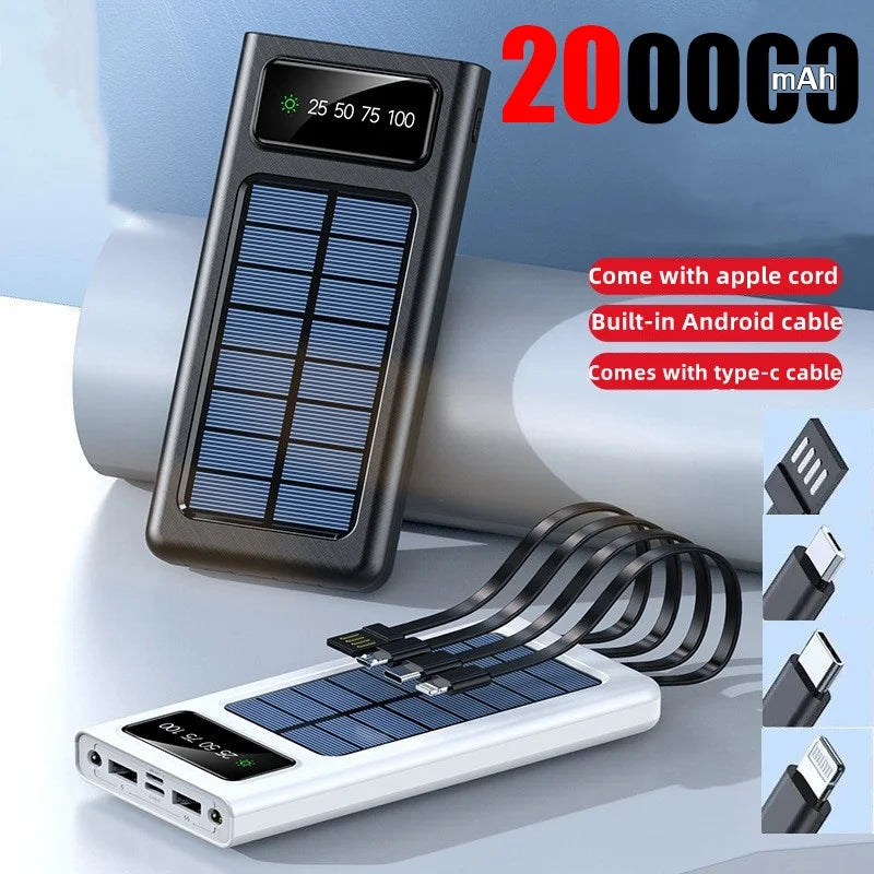 200,000mAh Solar Power Bank - Fast Charging with Built-in Cable for Outdoor Use