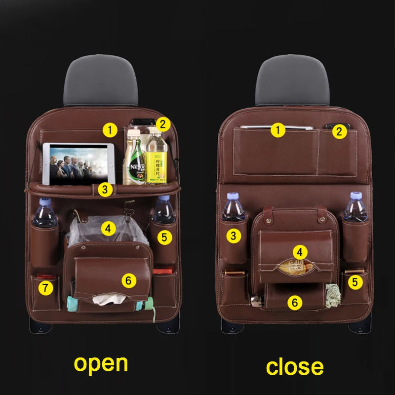 Leather Car Seat Organizer with Foldable Tray